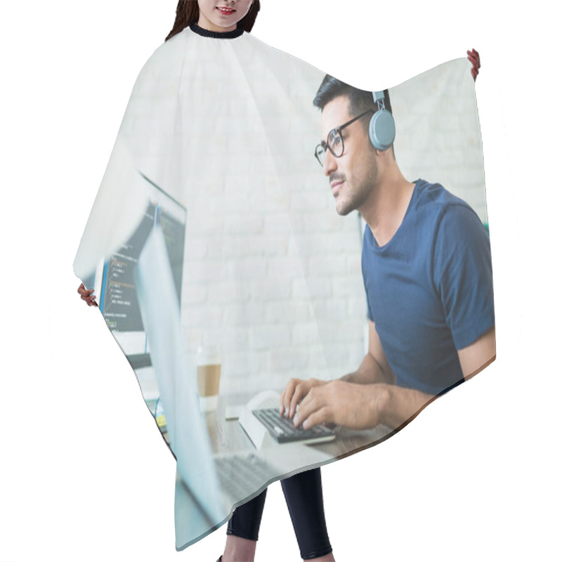 Personality  Handsome Young Male Software Developer Programming Codes While Working From Home Hair Cutting Cape