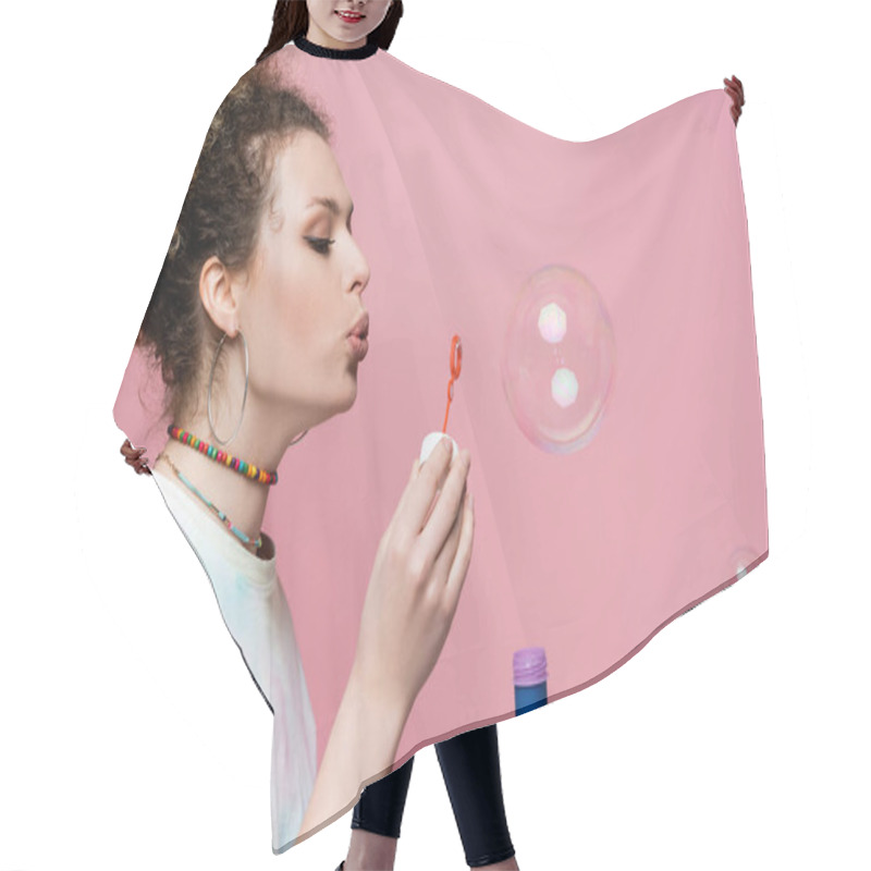 Personality  Young Woman Blowing Soap Bubbles On Pink Background Hair Cutting Cape