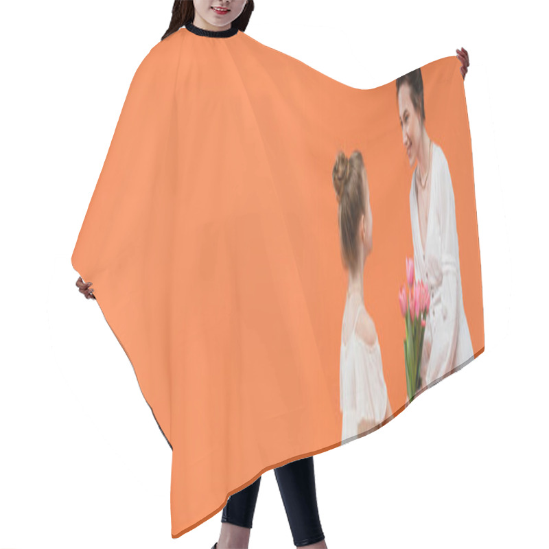 Personality  Mother`s Day, Preteen Girl Giving Bouquet Of Flowers To Smiling Mother On Orange Background, Bonding, White Dresses, Pink Tulips, Happy Holiday, Vibrant Colors, Joyful Occasion, Banner  Hair Cutting Cape