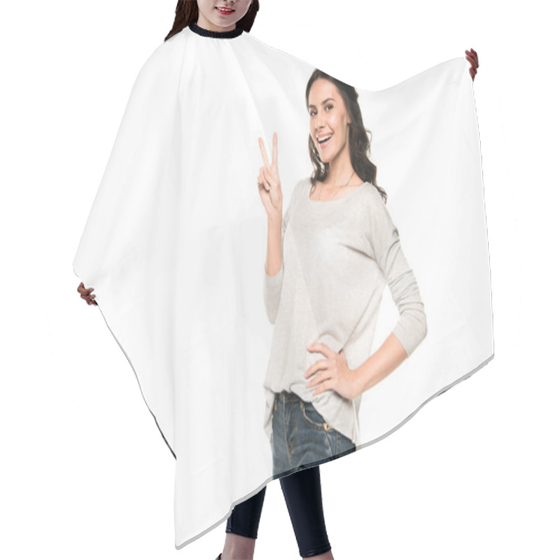 Personality  Woman With Victory Sign  Hair Cutting Cape