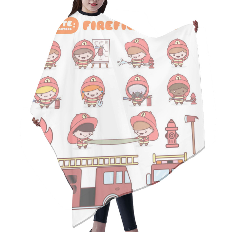 Personality  Cute Chibi Kawaii Characters Profession Set: Firefighters. Hair Cutting Cape