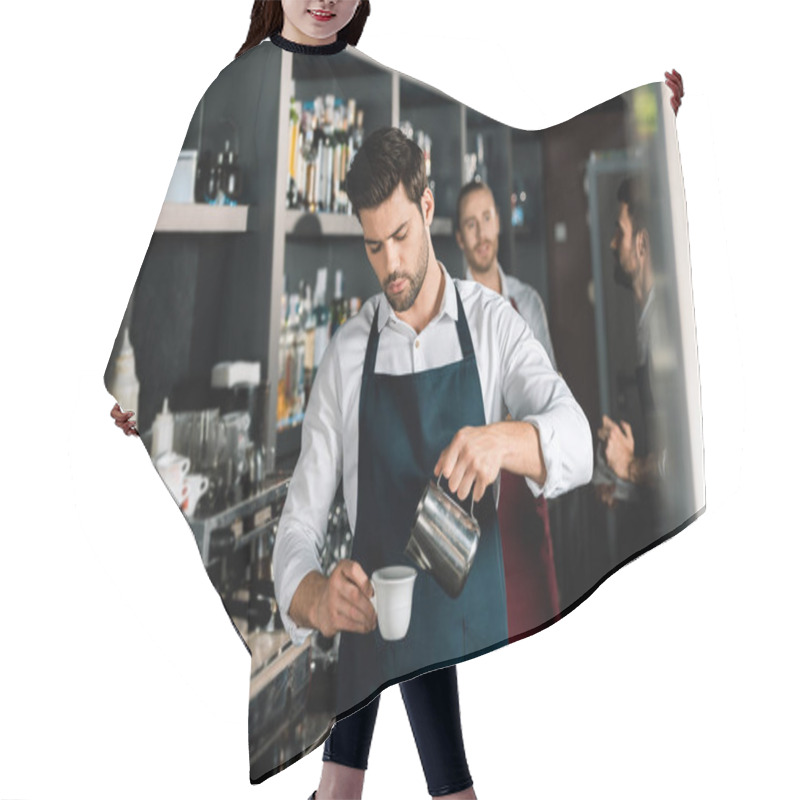 Personality  Adult Barista In Apron Pouring Milk To Coffee At Workplace Hair Cutting Cape