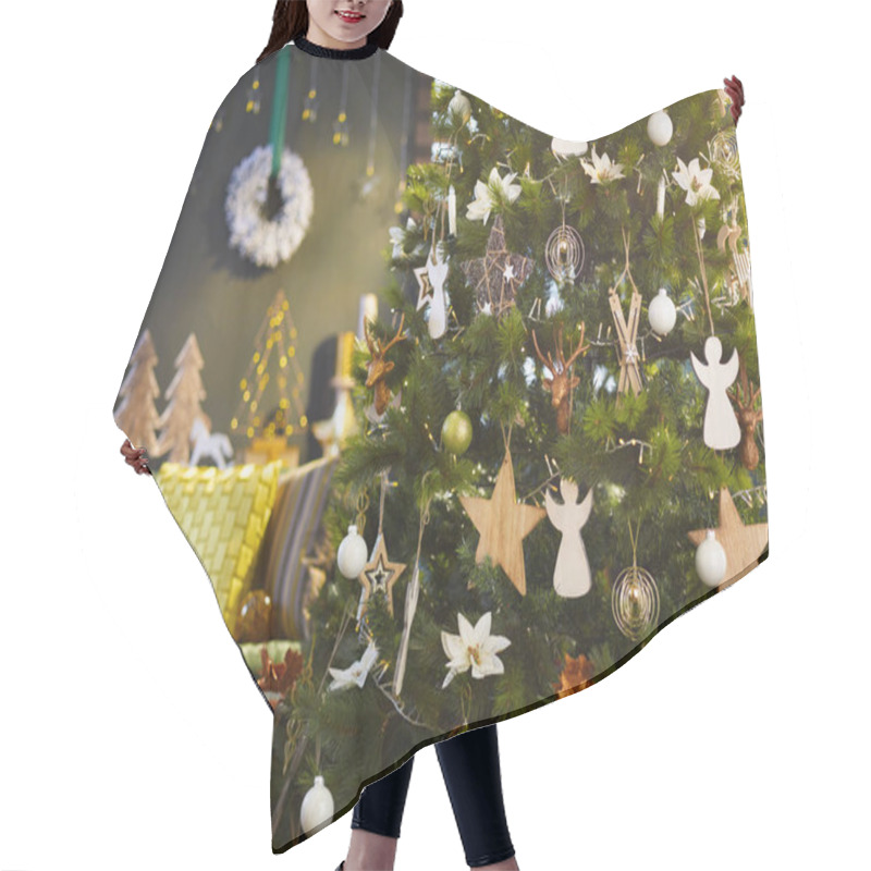 Personality  Christmas Decorated Green Modern Home With Big Christmas Tree. Hair Cutting Cape