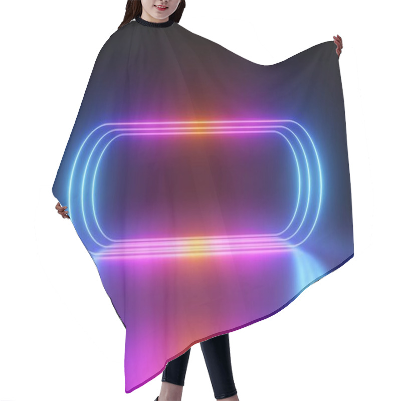 Personality  3d Render, Glowing Pink Blue Neon Lines, Rounded Geometric Blank Frame, Isolated On Black Background. Ultraviolet Spectrum. Cyber Space. Abstract Futuristic Wallpaper Hair Cutting Cape