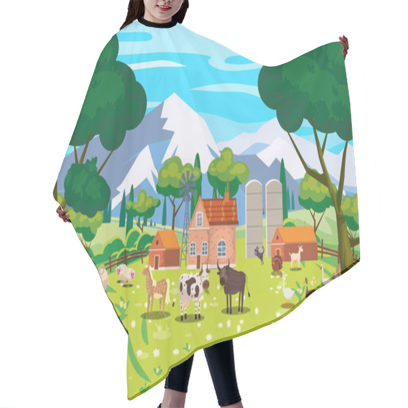 Personality  Rural Landscape Farm Scenery View, Mountaines, Green Meadow, Flowers, Trees. Countryside Nature, Farm Animals Cow, Sheeps, Horse, Bull, Goose, Duck, Goat, Buildings. Vector Illustration Hair Cutting Cape