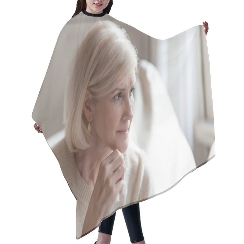 Personality  Upset Senior Woman Sorrow For Something At Home Hair Cutting Cape