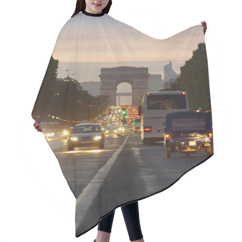 Personality  Sunset Scene In Paris City. Long Exposure Photo Of Street Traffic Near Arc De Triomphe, Champs Elysees Boulevard. Hair Cutting Cape