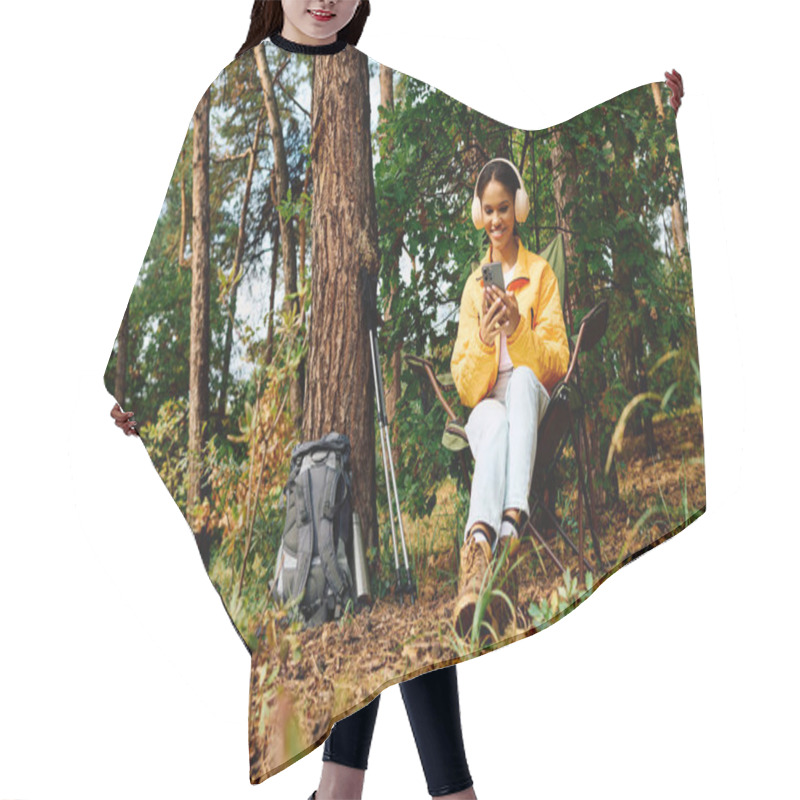 Personality  Embracing Nature Beauty, A Young Woman Relaxes In A Forest, Immersed In The Colors Of Autumn. Hair Cutting Cape