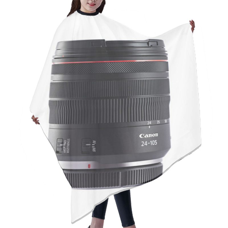 Personality  Varna, Bulgaria - October 11,2018: Image Of  Canon EF 24-105mm F4L IS USM Lens On A White Background. Canon Is The World Largest SLR Camera Manufacturer. Hair Cutting Cape