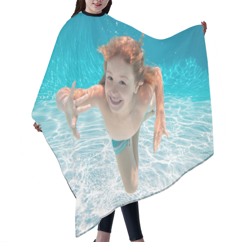 Personality  Kid Boy Swimming Underwater. Kid In The Water Swimming Under Water And Smiling. Child Swim Underwater In Pool. Funny Happy Kids Face. Hair Cutting Cape