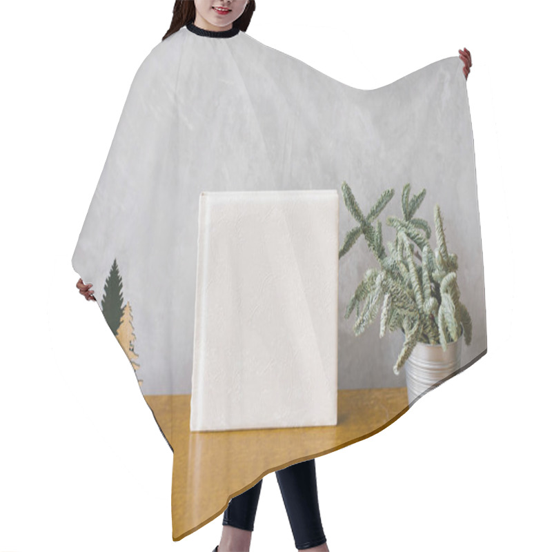 Personality  Wedding Photobook In White Leather Cover Surrounded By A Christmas Tree In A Metal Bucket Hair Cutting Cape