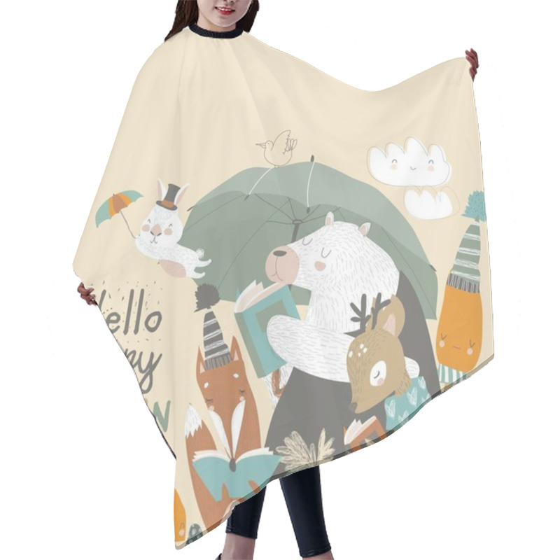 Personality  Funny Animals Read Books Under Umbrella. Autumn Time Hair Cutting Cape