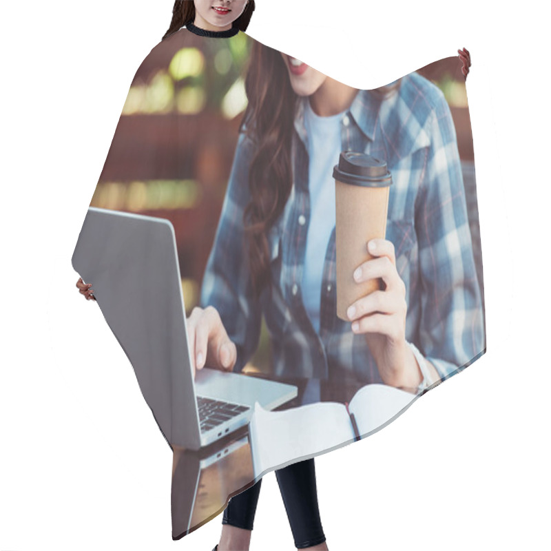 Personality  Partial View Of Smiling Woman With Coffee To Go Taking Part In Webinar Hair Cutting Cape