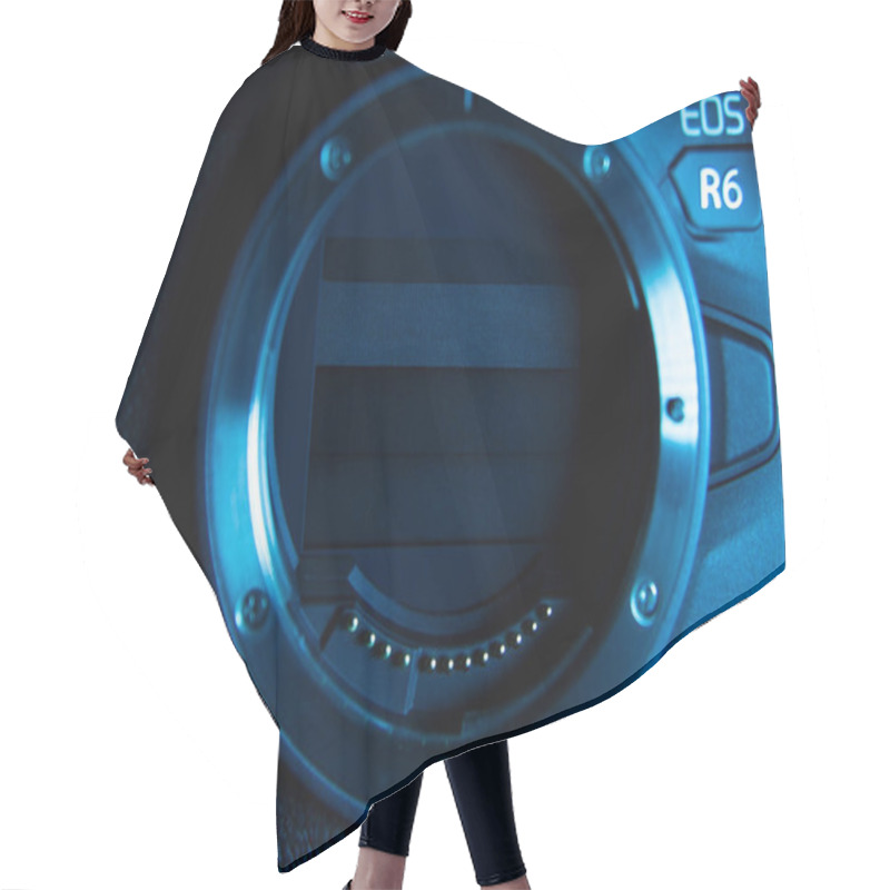 Personality  Canon R6 Digital Camera Close-up, Black Background, Glare Hair Cutting Cape