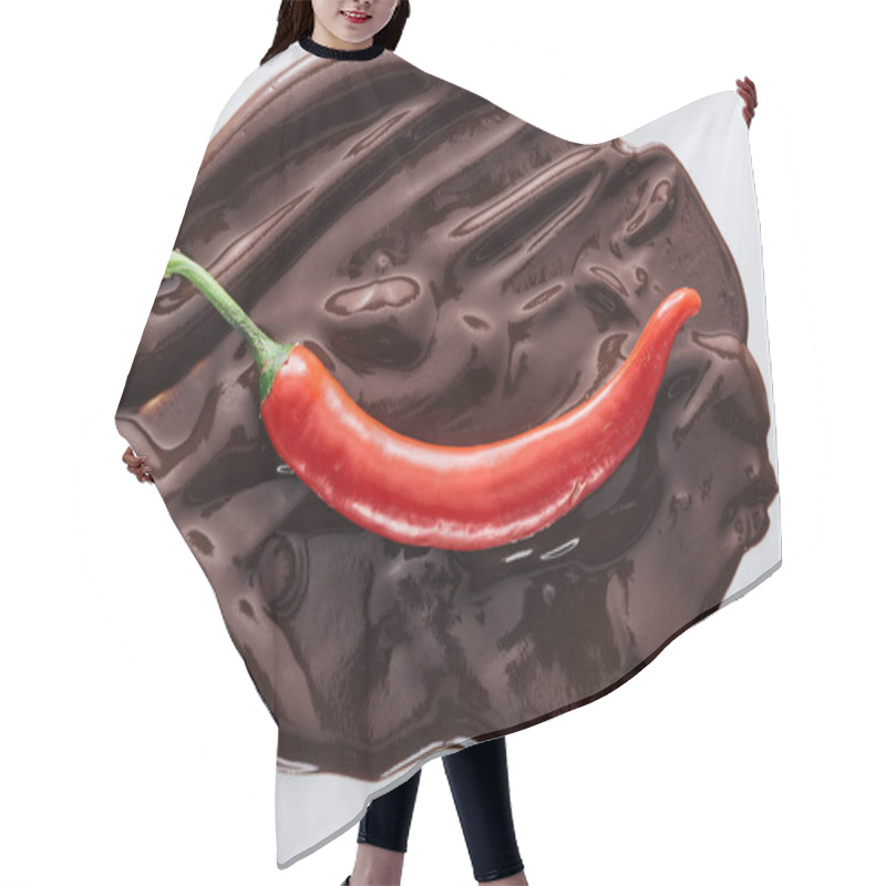 Personality  Top View Of Chili With Melted Dark Chocolate On White Background Hair Cutting Cape