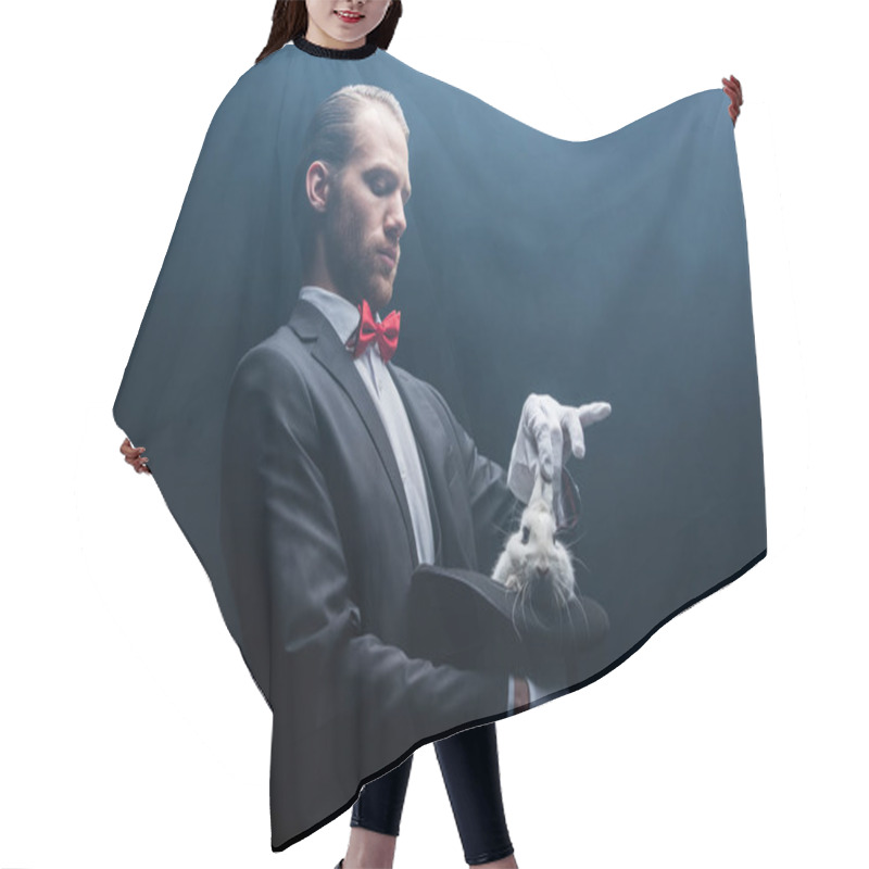 Personality  Professional Magician Taking White Rabbit From Hat, Dark Room With Smoke Hair Cutting Cape