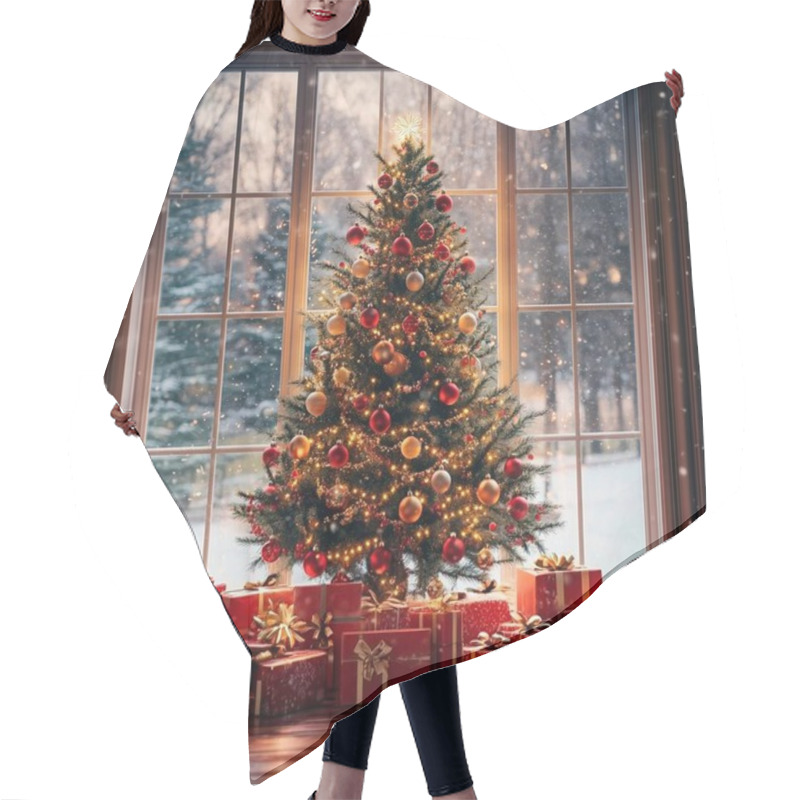 Personality  A Beautifully Decorated Christmas Tree By A Snowy Window. Hair Cutting Cape