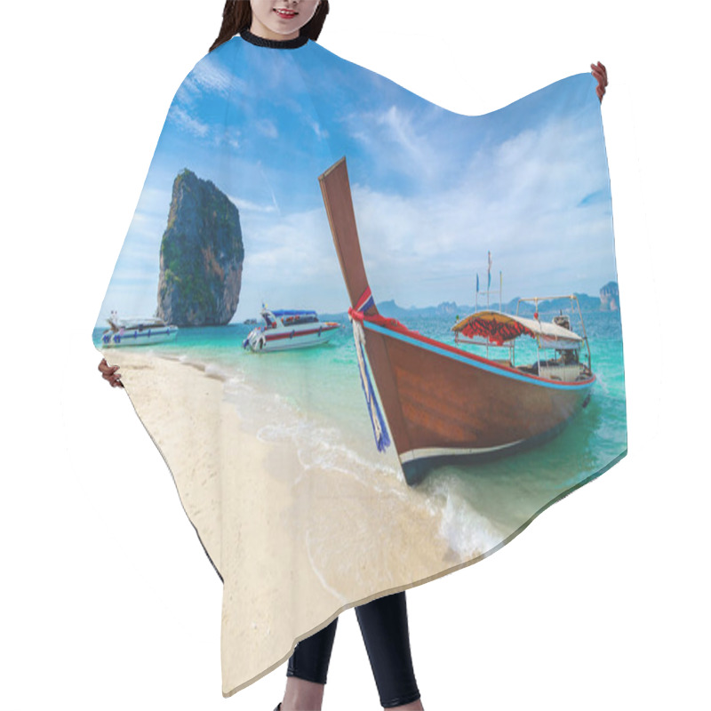 Personality  Poda Island Wooden Boat Parked On The Sea, White Beach On A Clear Blue Sky, Blue Sea Hair Cutting Cape