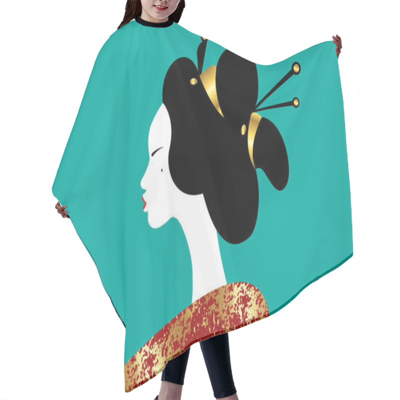 Personality  Portrait Of The Young Japanese Girl Ancient Hairstyle. Geisha, Maiko, Princess. Traditional Asian Woman Style. Print, Poster, T Shirt, Card. Vector Illustration Isolated On Green Vintage Background Hair Cutting Cape