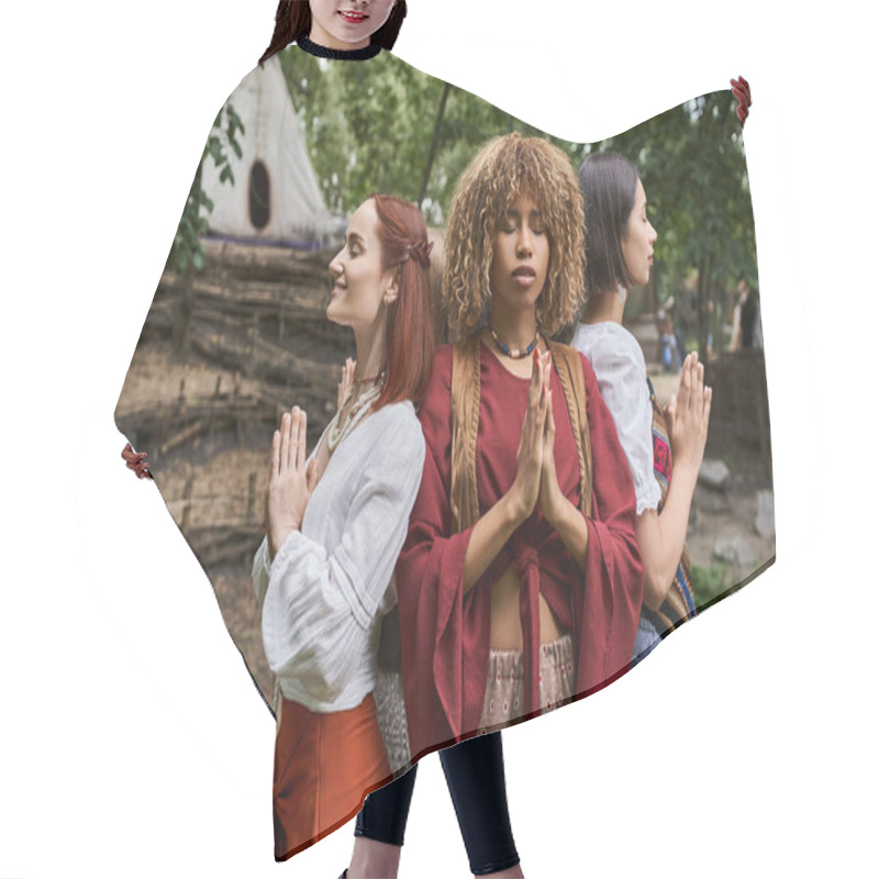 Personality  Multiethnic Women With Closed Eyes Doing Praying Hands Gesture Outdoors In Retreat Center Hair Cutting Cape