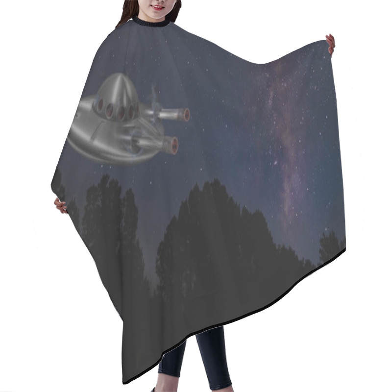 Personality  UFO Over A Dark Forest At Night With Two Guns And The Milky Way Is Behind Hair Cutting Cape