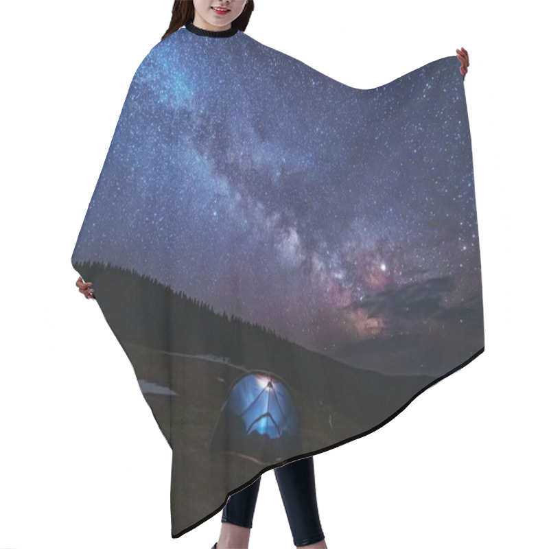 Personality  Bright Starry Sky With The Milky Way On The Background Of Mountains And Hiker With Red Tent. Hair Cutting Cape