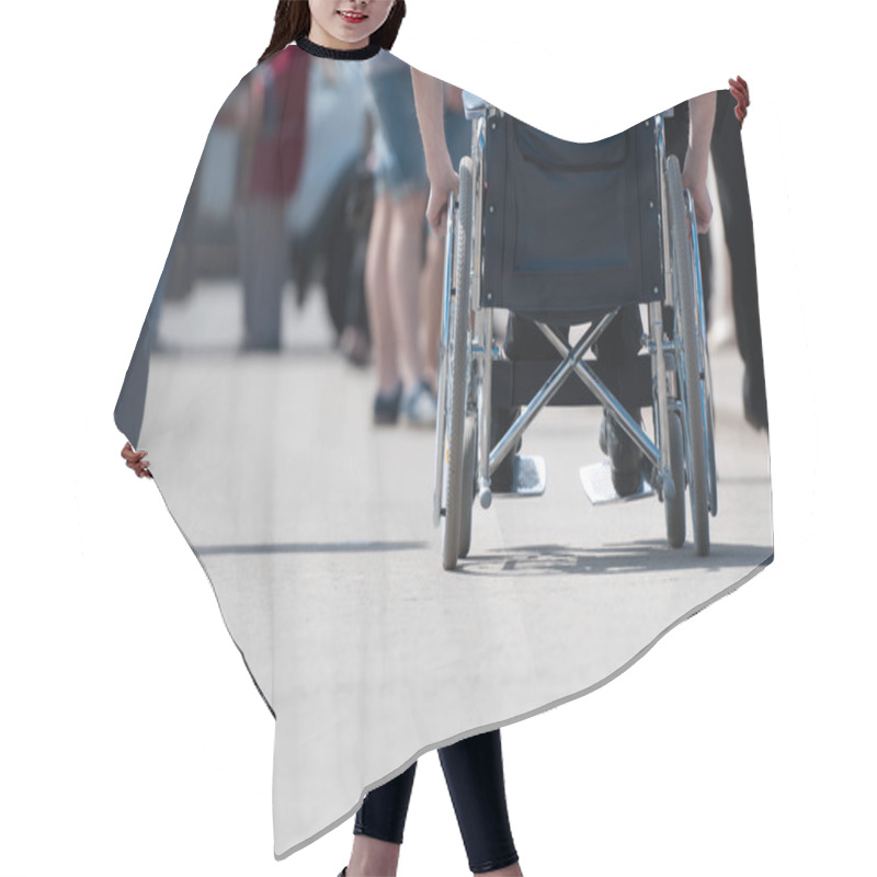 Personality  Disabled Man On Wheelchair. Hair Cutting Cape