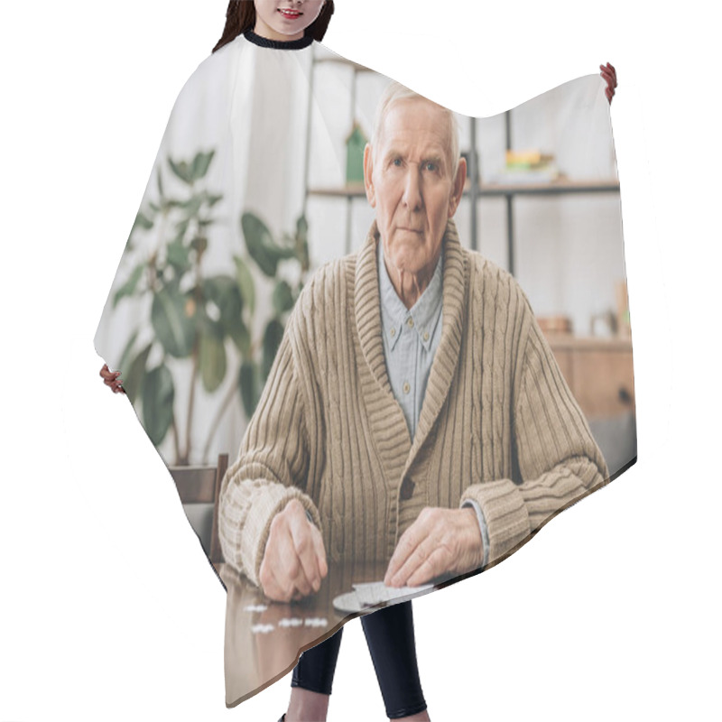 Personality  Upset Retired Man With Grey Hair Playing With Puzzles At Home  Hair Cutting Cape