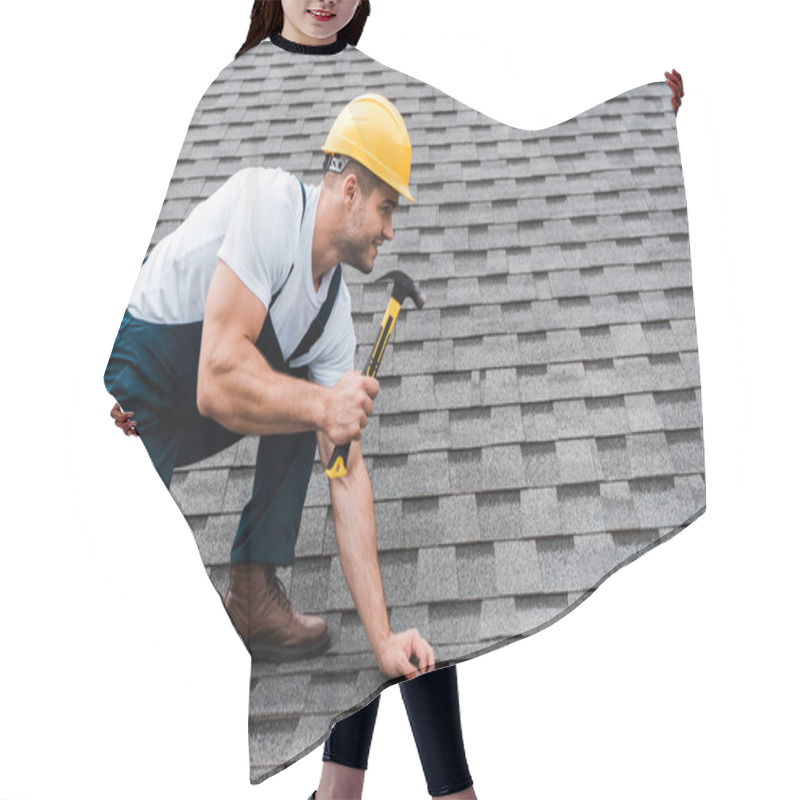 Personality  Handsome Repairman In Helmet Holding Hammer While Repairing Roof In House  Hair Cutting Cape