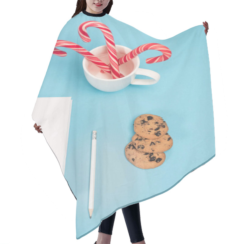 Personality  Top View Of Chocolate Cookies, Candy Canes And Blank Notebook On Blue Background Hair Cutting Cape