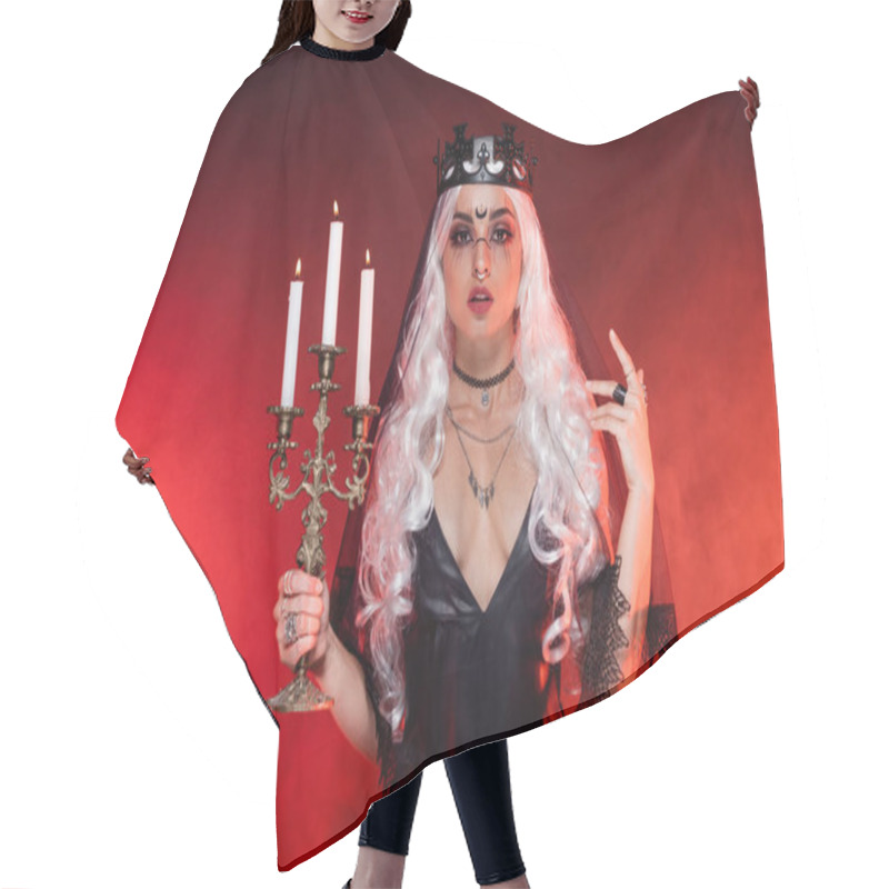 Personality  Blonde Woman In Black Dress And Witch Crown Holding Triple Candlestick On Background With Red Smoke Hair Cutting Cape