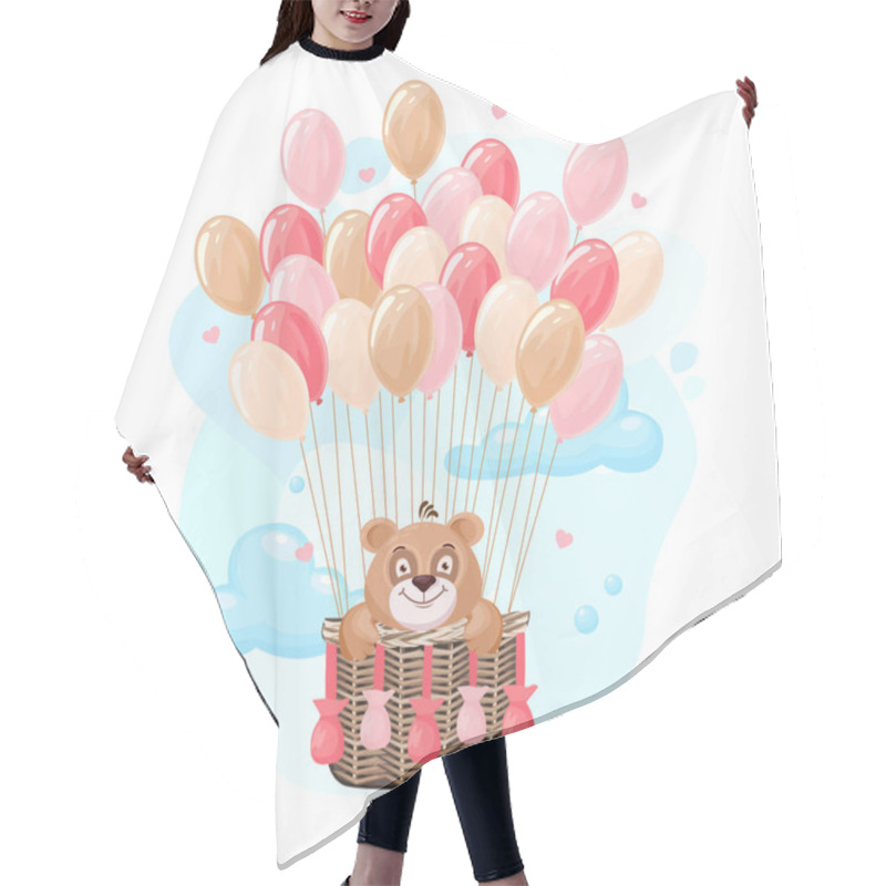 Personality  Teddy Bear Flies On Balloons. Vector Illustration Of A Cheerful Bear Cub In A Cartoon Style. Hair Cutting Cape