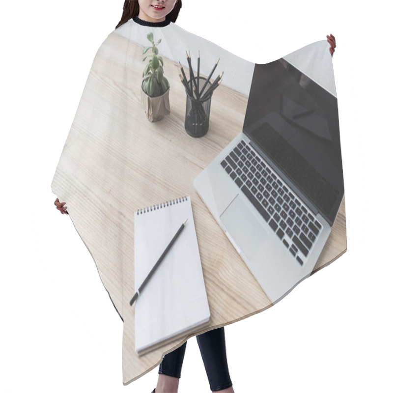 Personality  Workplace With Laptop Computer Hair Cutting Cape