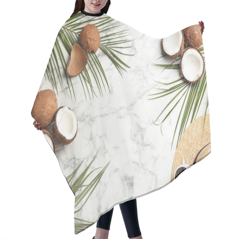 Personality  Flat Lay Composition With Coconuts And Space For Text On Marble Background Hair Cutting Cape