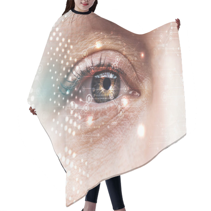 Personality  Close Up View Of Human Eye With Data Illustration, Robotic Concept Hair Cutting Cape