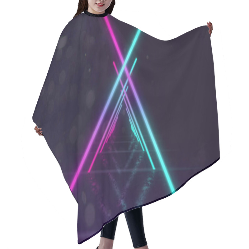 Personality  Image Of Glowing Neon Turquoise And Pink Triangle Outlines Moving Towards Camera In Hypnotic Motion In Repetition On Black Background. Neon Kaleidoscopic Motion Concept Digitally Generated Image. 4k Hair Cutting Cape