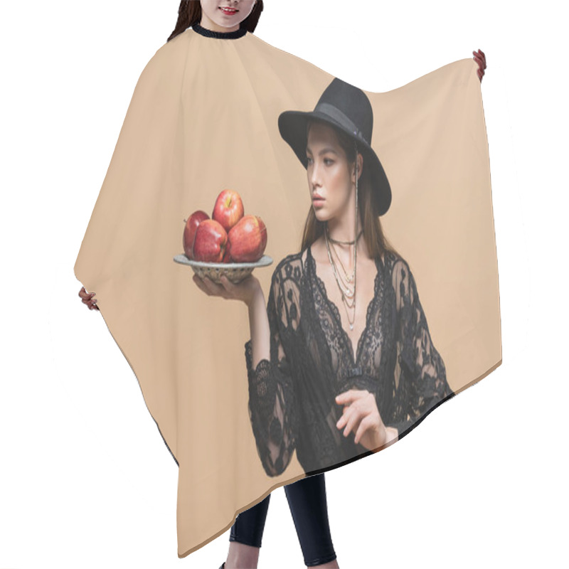 Personality  Fashionable Young Woman Holding Plate With Ripe Apples Isolated On Beige  Hair Cutting Cape