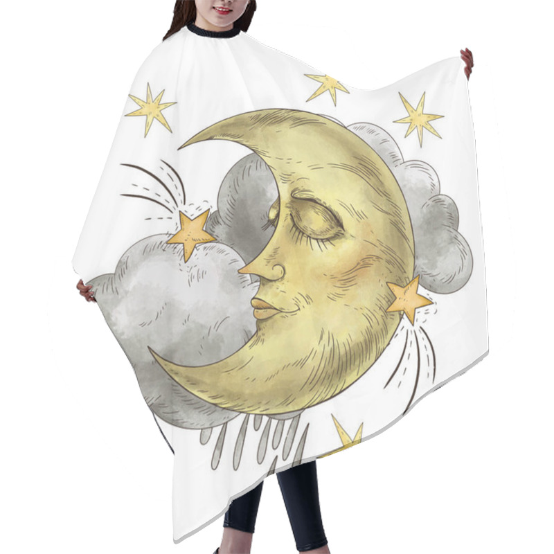 Personality  Vintage Illustration With A Moon With A Face. Occult Mystical Greeting Card Isolated On White Background.  Hair Cutting Cape