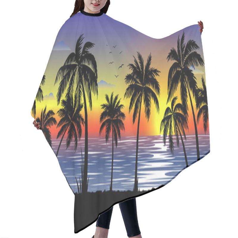 Personality  Exotic Tropical  Landscape With  Palms. Palm Trees At Sunset Or Moonlight. Seascape. Natural Banner. Tourism And Travelling. Modern, Vector Flat Design Hair Cutting Cape