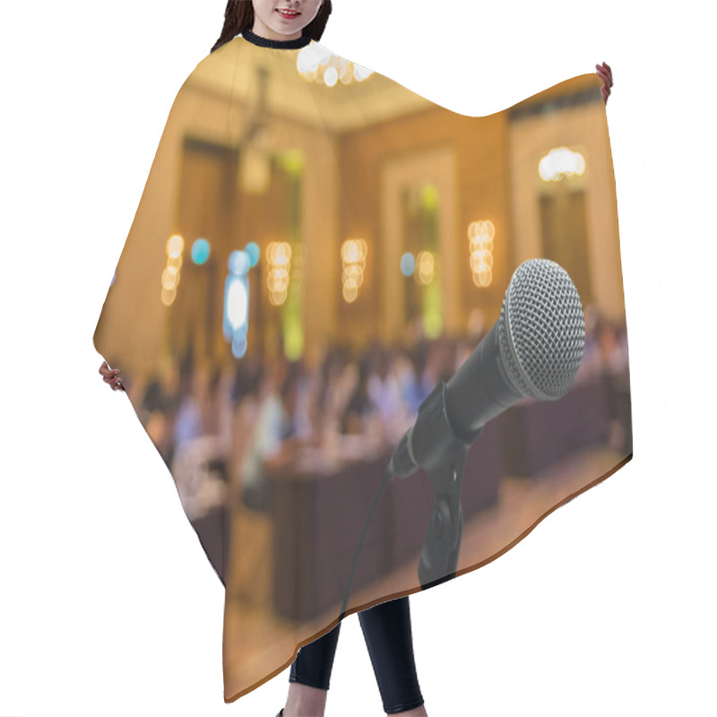 Personality  Microphone Over Blurred Photo Of Conference Hall  Hair Cutting Cape