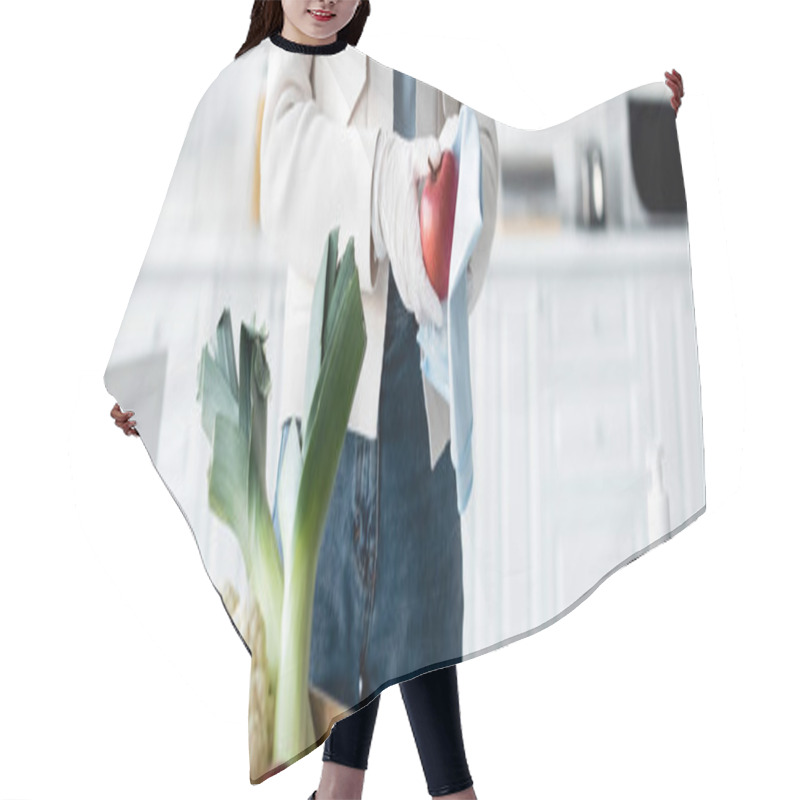 Personality  Cropped View Of Woman In Latex Gloves Cleaning Apple With Rag Near Fresh Food At Home, Banner  Hair Cutting Cape