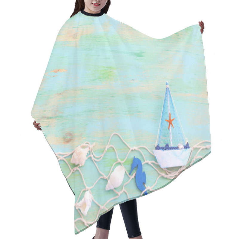 Personality  Nautical Concept With White Decorative Sail Boat, Seashells Over Blue Wooden Background Hair Cutting Cape