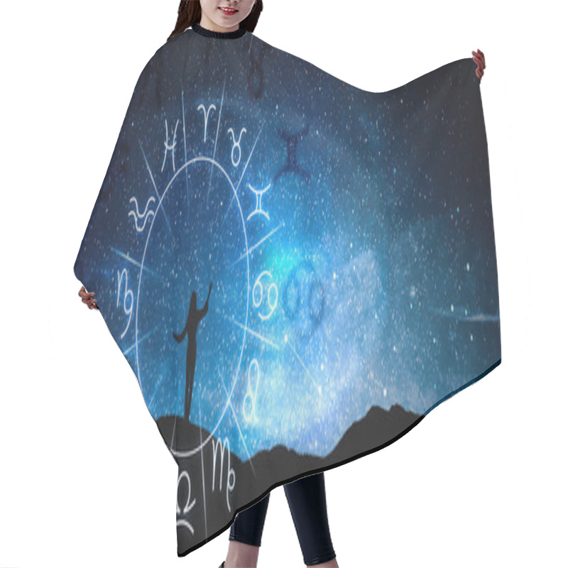 Personality  Zodiac Wheel And Photo Of Woman In Mountains Under Starry Sky At Night, Space For Text. Banner Design Hair Cutting Cape