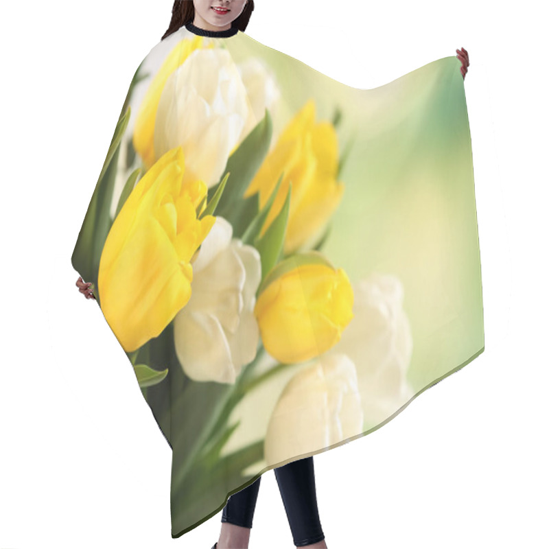 Personality  Beautiful Bouquet Of White And Yellow Tulips  Hair Cutting Cape