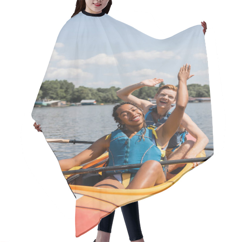 Personality  Charming And Carefree African American Woman And Young Redhead Man In Life Vests Giving High Five While Sailing In Sportive Kayak During Summer Vacation On Lake Hair Cutting Cape