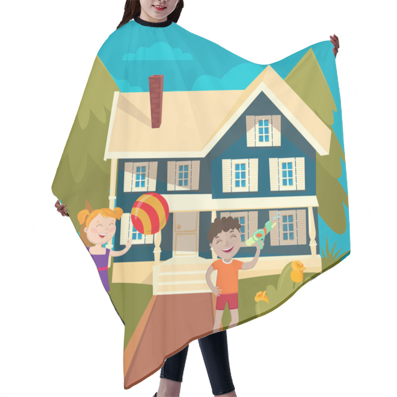 Personality  Happy Girl Playing Ball Near The House. Boy Playing Water Gun. Summer Children Vacation. Vector Illustration Hair Cutting Cape