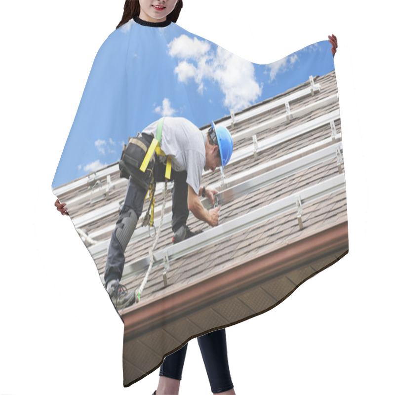 Personality  Man Working On Roof Installing Rails For Solar Panels Hair Cutting Cape