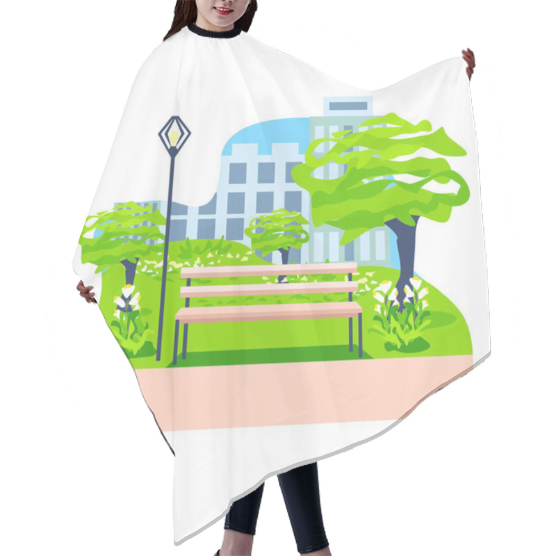 Personality  Vector Illustration Of A Summer City Park With Trees, A Park Bench And Lanterns On The Background Of A Big City With Skyscrapers In The Daytime Hair Cutting Cape