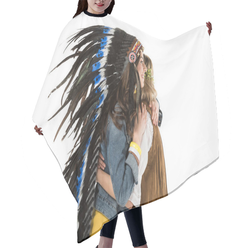 Personality  Two Bisexual Hippie Girls In Indian Headdress And Wreath Embracing Isolated On White Hair Cutting Cape