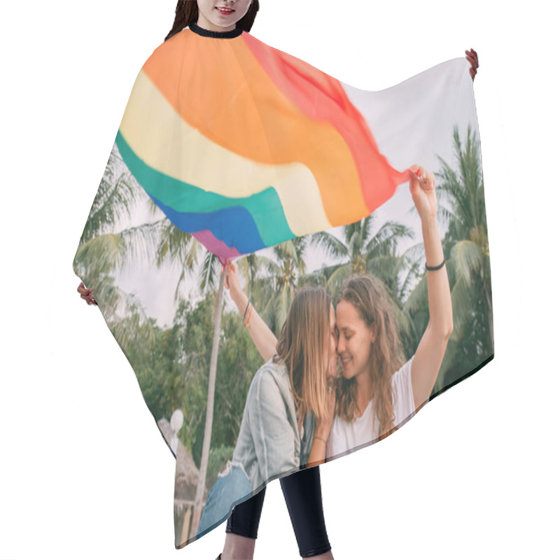 Personality  Two Women With Rainbow Flag On The Beach On A Background Of Palm Trees. Couple Young Lesbian Girls Holding A Rainbow Flag And Hugging Happily On A Tropical Island Hair Cutting Cape